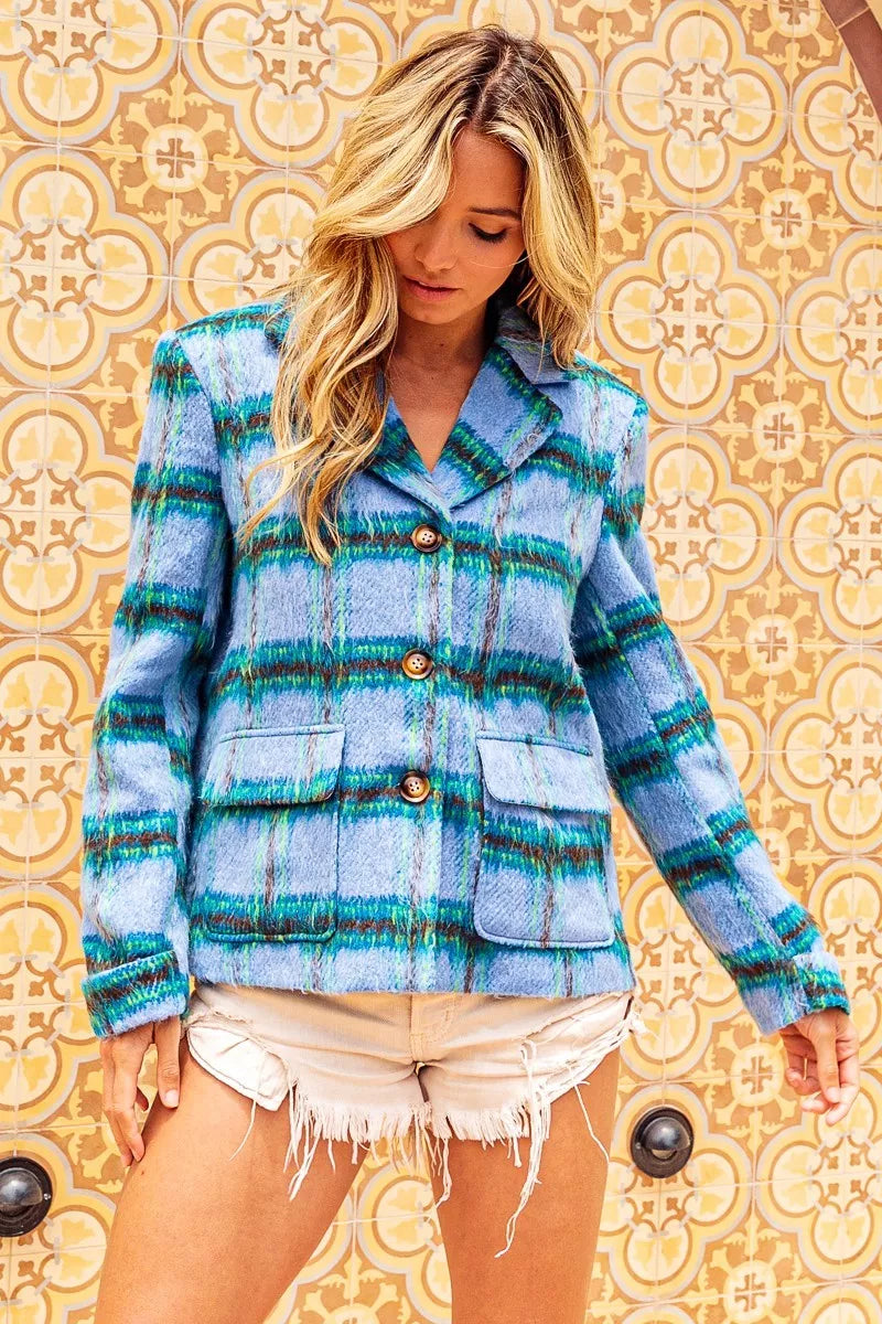 Bibi Flap Pockets Brushed Vintage Plaid Jacket LTBLUEMULTI view 4 (layer) - plaid jacket, vintage plaid - shop at us.meeeshop