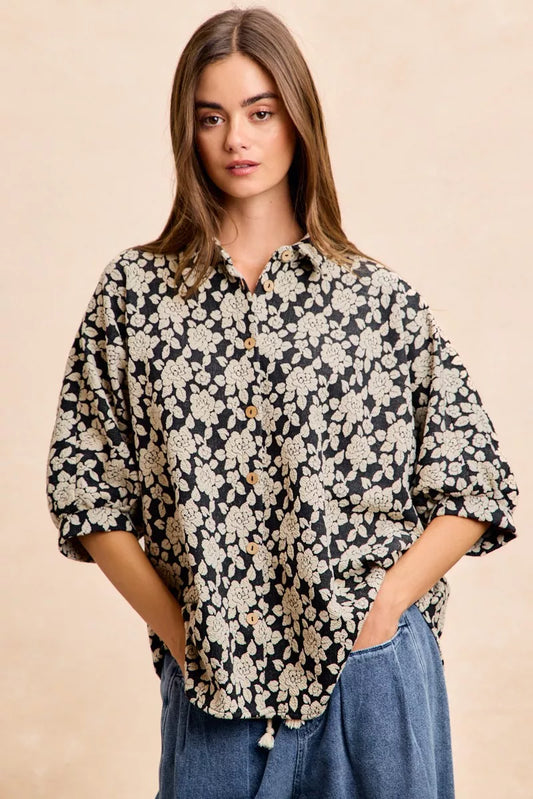 Bibi Floral Jacquard Short Dolman Sleeves Shirt in BLACK/LT GREY - Bibi Floral Top