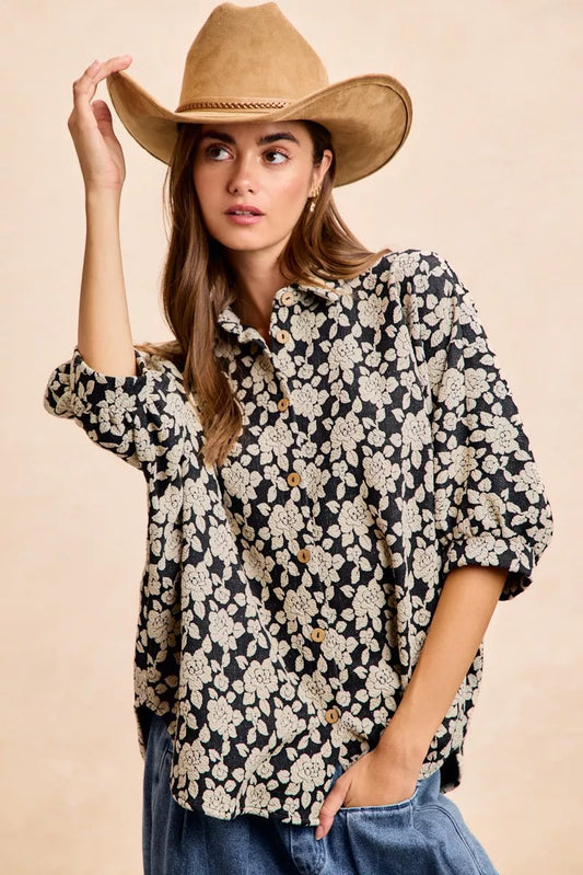 Bibi Floral Jacquard Short Dolman Sleeves Shirt in BLACK/LT GREY view 2 - Bibi Floral Top