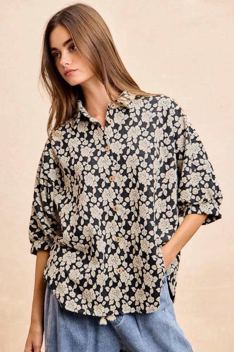 Bibi Floral Jacquard Short Dolman Sleeves Shirt in BLACK/LT GREY view 3 - Bibi Floral Top