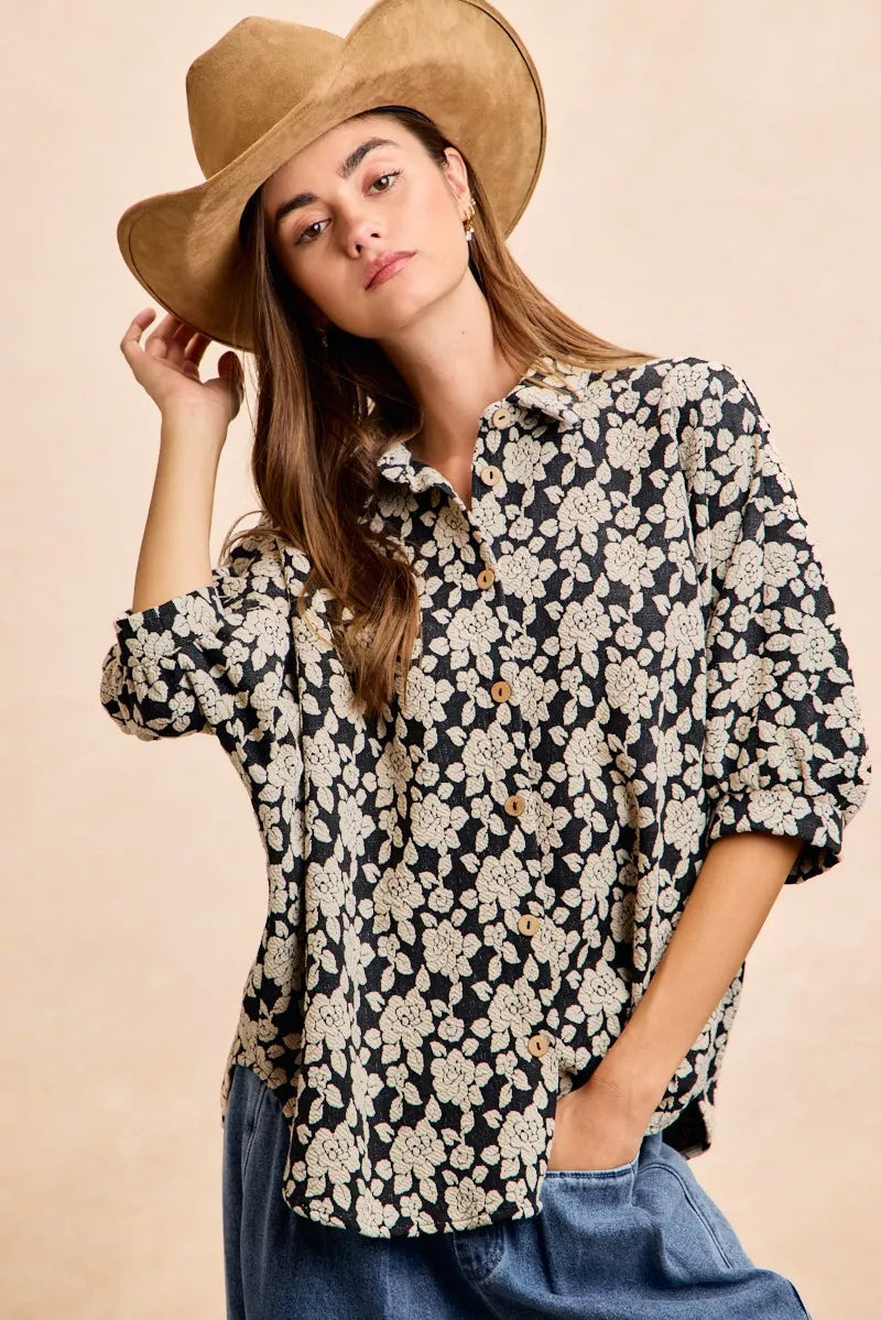 Bibi Floral Jacquard Short Dolman Sleeves Shirt in BLACK/LT GREY view 4 - Bibi Floral Top