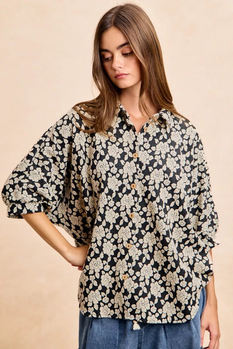 Bibi Floral Jacquard Short Dolman Sleeves Shirt view 14 - Bibi Floral Top