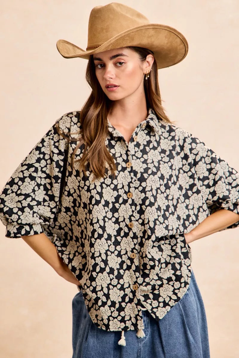 Bibi Floral Jacquard Short Dolman Sleeves Shirt view 5 - Bibi Floral Top