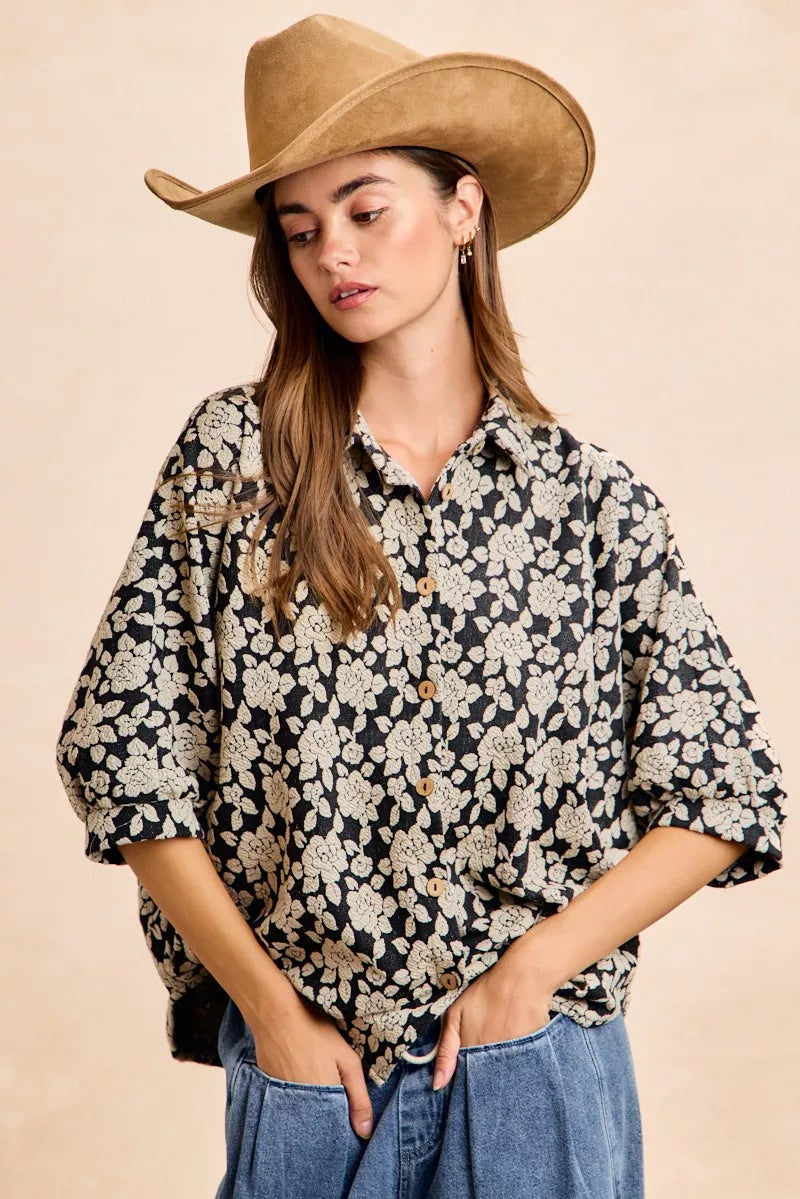 Bibi Floral Jacquard Short Dolman Sleeves Shirt view 6 - Bibi Floral Top