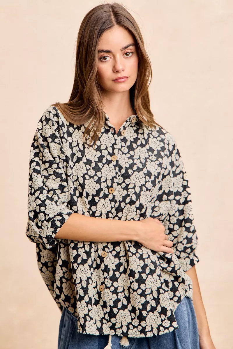 Bibi Floral Jacquard Short Dolman Sleeves Shirt view 7 - Bibi Floral Top