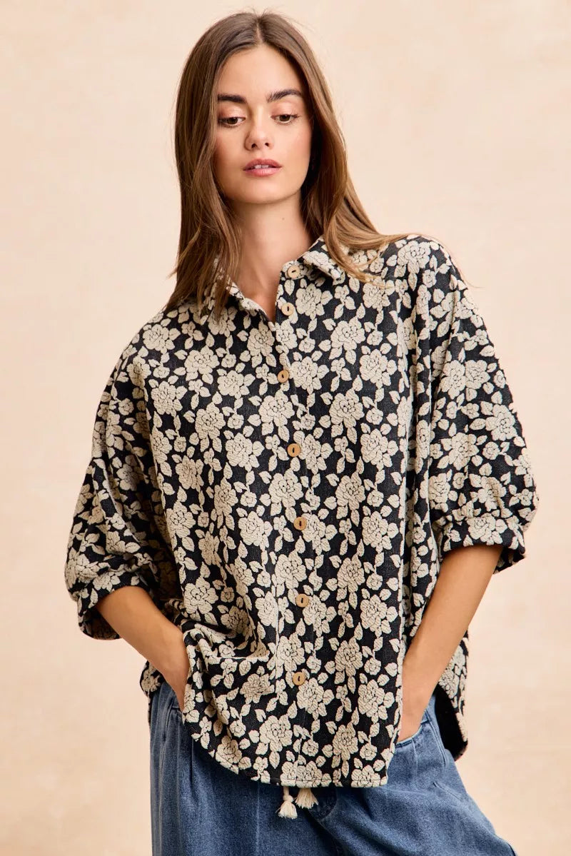 Bibi Floral Jacquard Short Dolman Sleeves Shirt view 9 - Bibi Floral Top