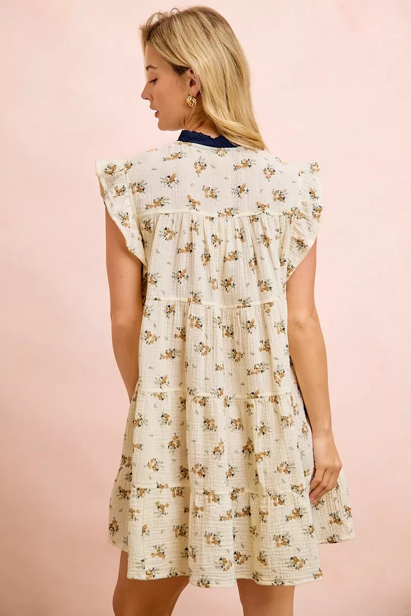 Bibi Floral Multi-tierd Dress with Ruffles and Front Tie OATMEAL/NAVY view 3 (dress) - bibi floral dres - shop at us.meeeshop