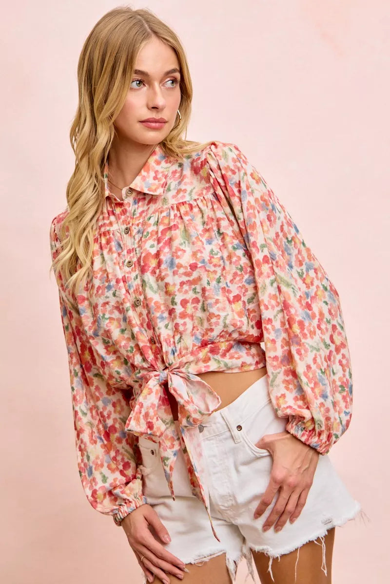 Bibi Floral Print Tie Hem Detail Crop Shirt FLORAL (top) - bibi floral top, bibi floral blouse, bibi fl - shop at us.meeeshop