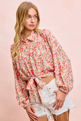 Bibi Floral Print Tie Hem Detail Crop Shirt