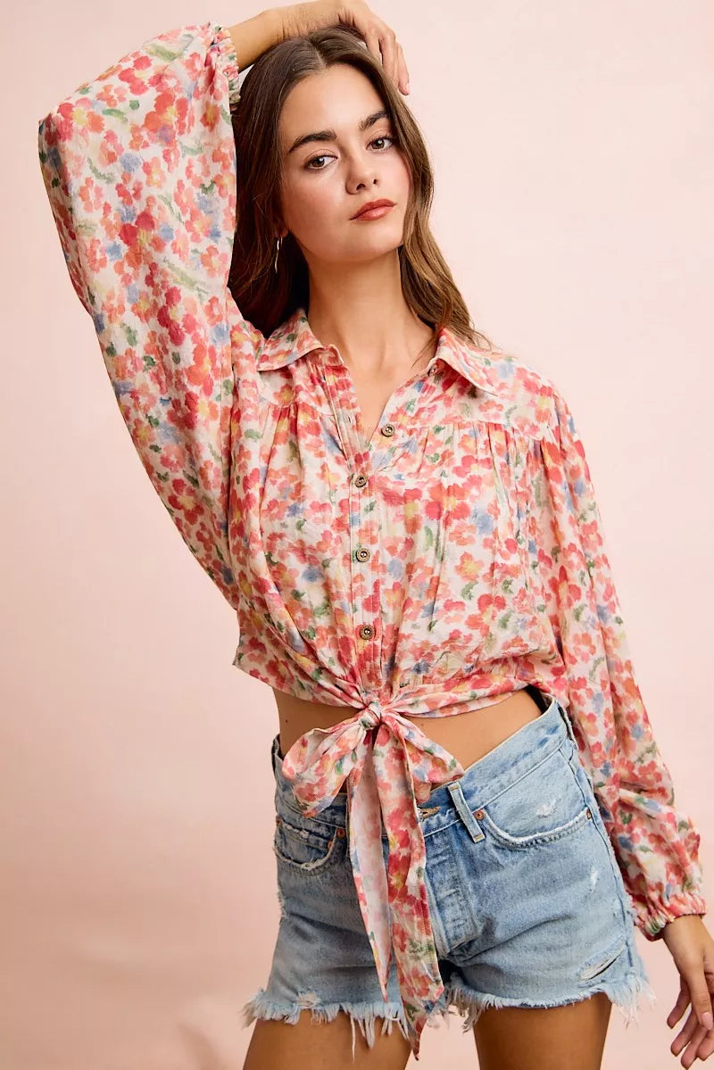 bibi floral print Bibi Floral Print Tie Hem Detail Crop Shirt view 10 (top) - shop at us.meeeshop