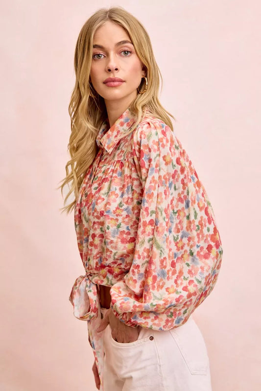 bibi floral print Bibi Floral Print Tie Hem Detail Crop Shirt view 2 (top) - shop at us.meeeshop