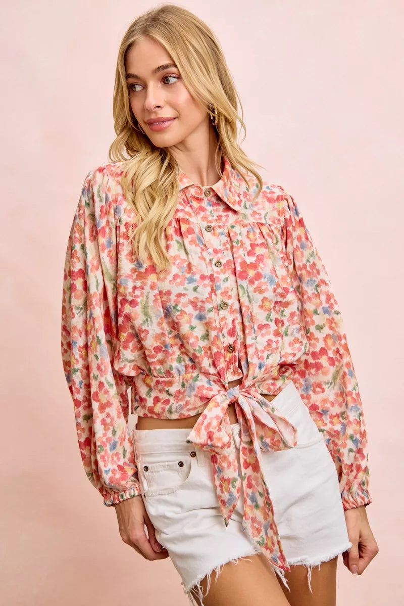 Bibi Floral Print Tie Hem Detail Crop Shirt FLORAL view 4 (top) - bibi floral top, bibi floral blouse,  - shop at us.meeeshop
