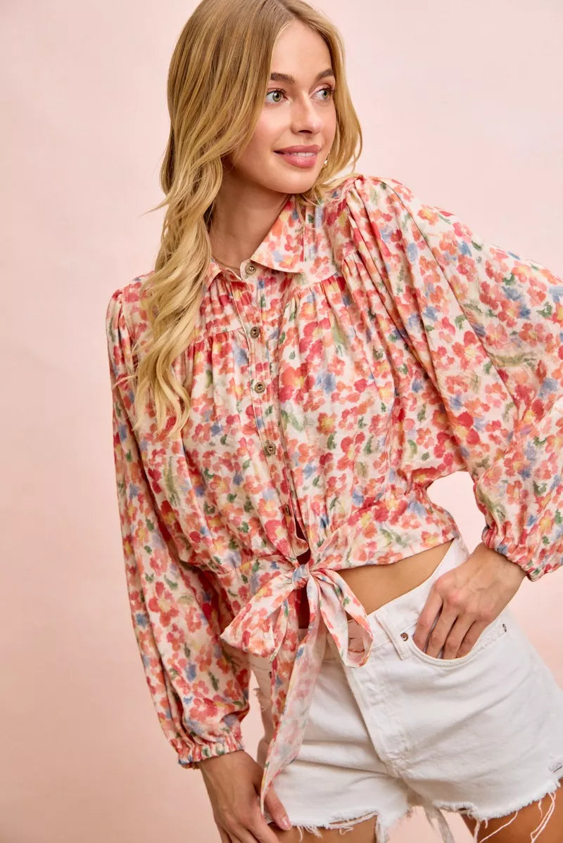 bibi floral print Bibi Floral Print Tie Hem Detail Crop Shirt view 6 (top) - shop at us.meeeshop