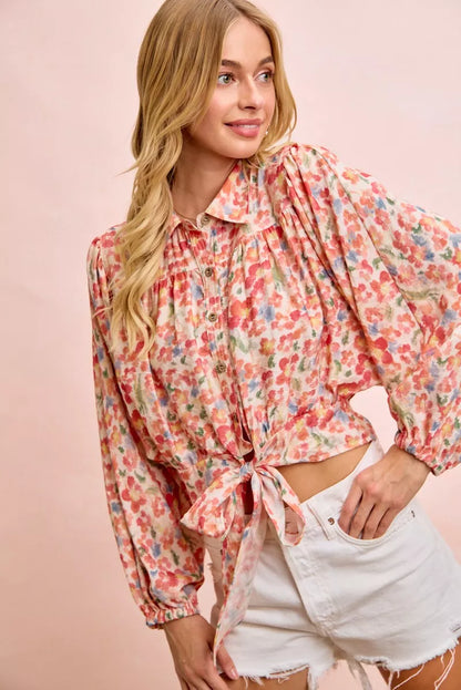 bibi floral print Bibi Floral Print Tie Hem Detail Crop Shirt view 6 (top) - shop at us.meeeshop