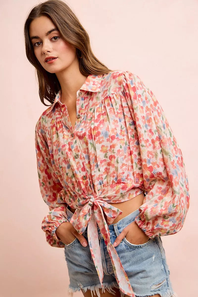 bibi floral print Bibi Floral Print Tie Hem Detail Crop Shirt view 8 (top) - shop at us.meeeshop