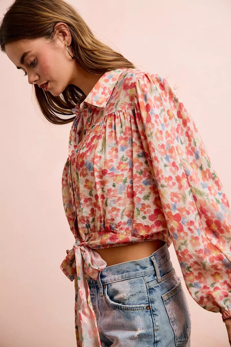 Bibi Floral Print Tie Hem Detail Crop Shirt view 9 (top) - bibi floral top, bibi floral blouse, bibi fl - shop at us.meeeshop