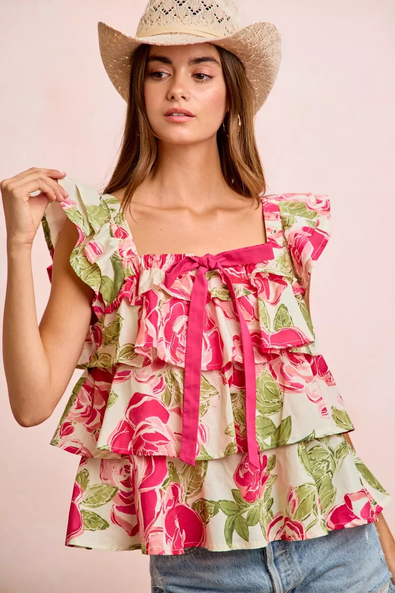 bibi floral print Bibi Floral Print Woven Bow Tie Ruffle Square Neck Top Floral (top) - shop at us.meeeshop