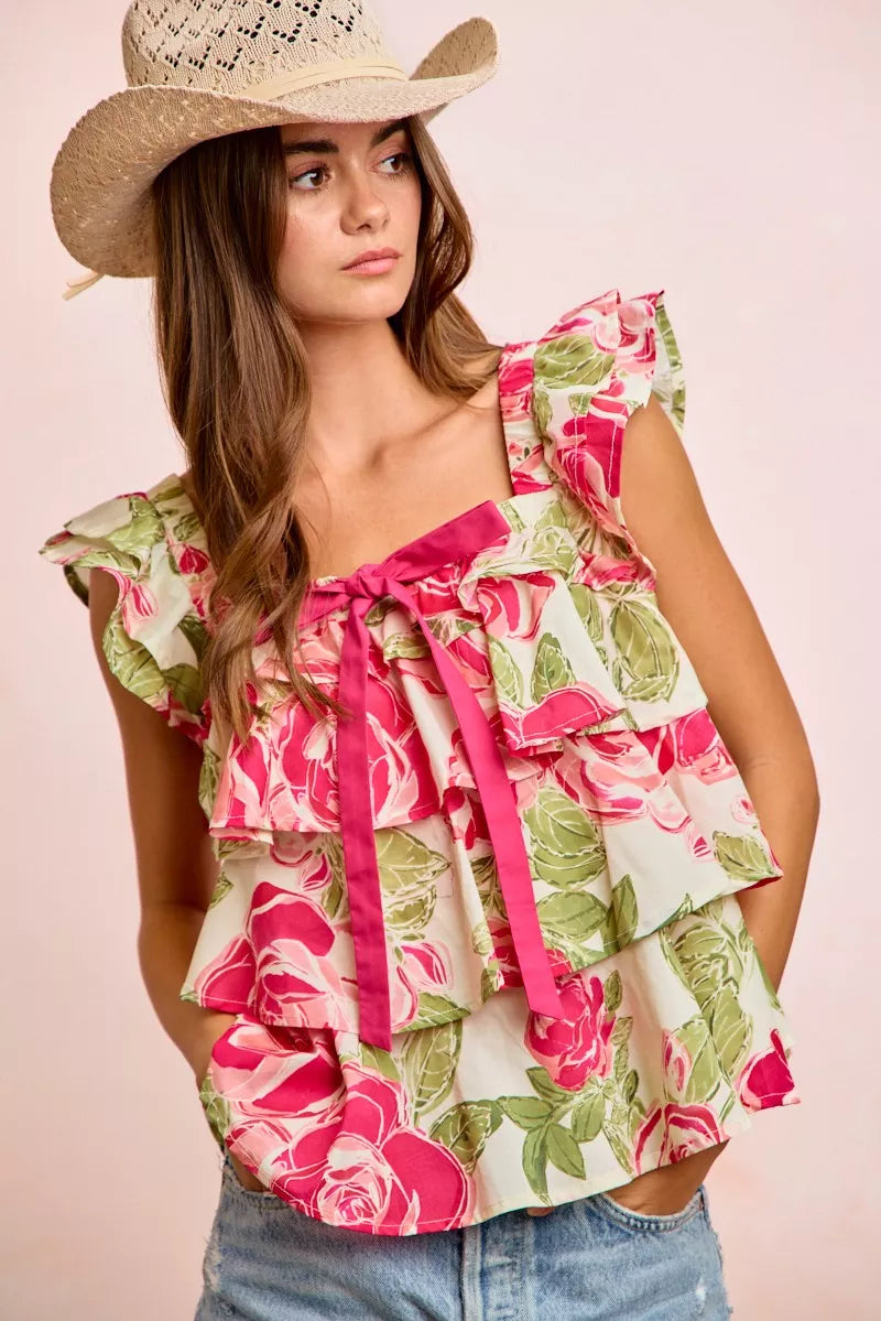 bibi floral print Bibi Floral Print Woven Bow Tie Ruffle Square Neck Top view 3 (top) - shop at us.meeeshop