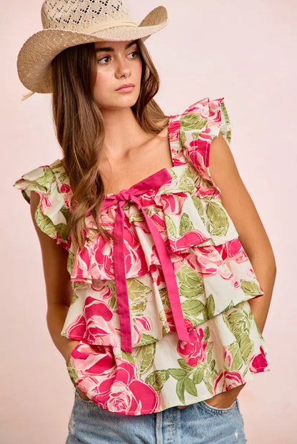 bibi floral print Bibi Floral Print Woven Bow Tie Ruffle Square Neck Top view 3 (top) - shop at us.meeeshop