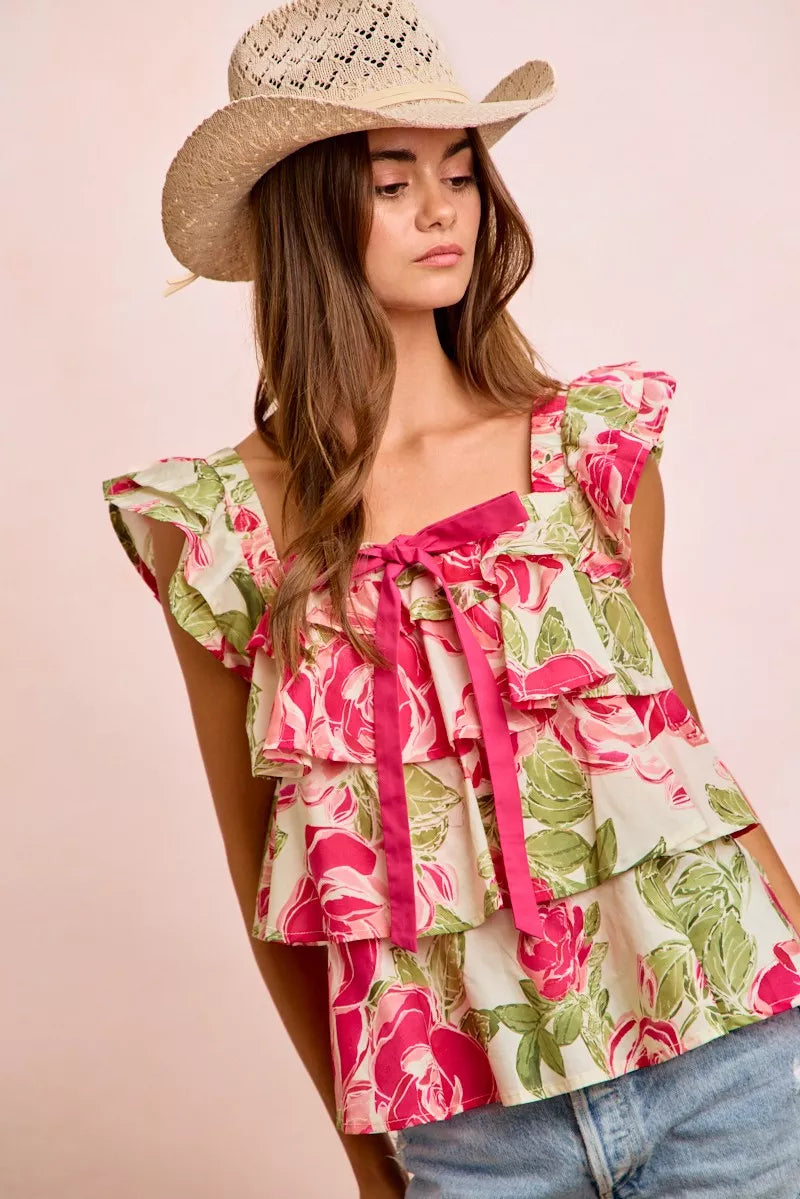 bibi floral print Bibi Floral Print Woven Bow Tie Ruffle Square Neck Top view 4 (top) - shop at us.meeeshop