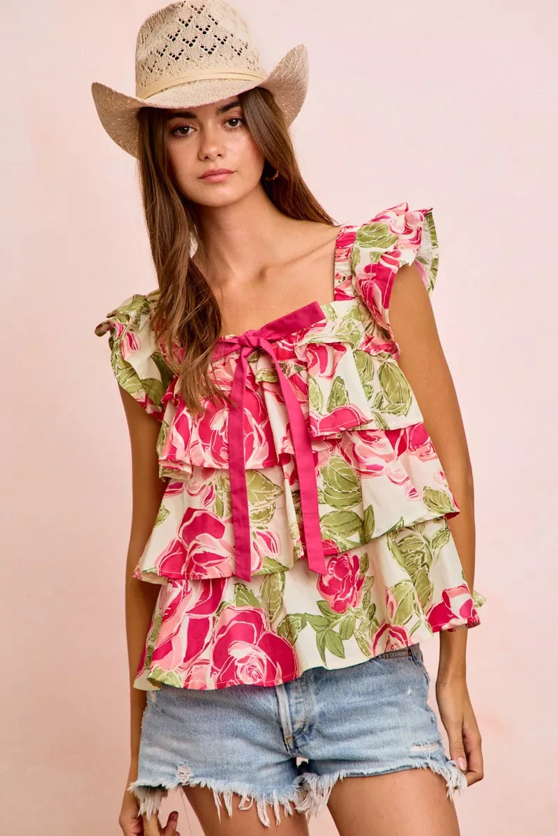 bibi floral print Bibi Floral Print Woven Bow Tie Ruffle Square Neck Top view 5 (top) - shop at us.meeeshop