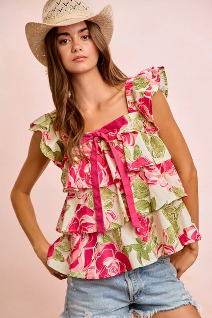 bibi floral print Bibi Floral Print Woven Bow Tie Ruffle Square Neck Top view 6 (top) - shop at us.meeeshop