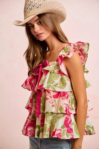 bibi floral print Bibi Floral Print Woven Bow Tie Ruffle Square Neck Top view 7 (top) - shop at us.meeeshop
