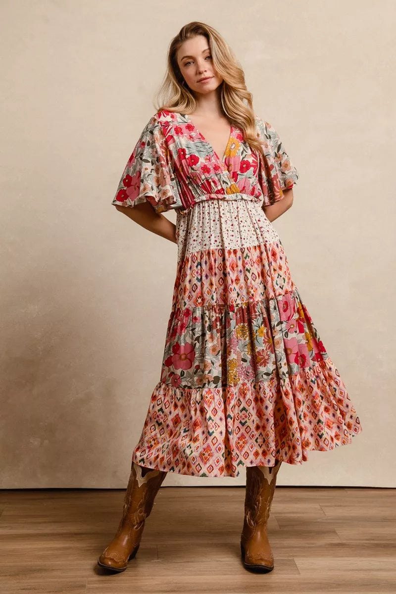 Bibi Floral Print Mix and Match Midi Dress ROSE MIX (dress) - bibi floral dress are you am i, bibi deni - shop at us.meeeshop