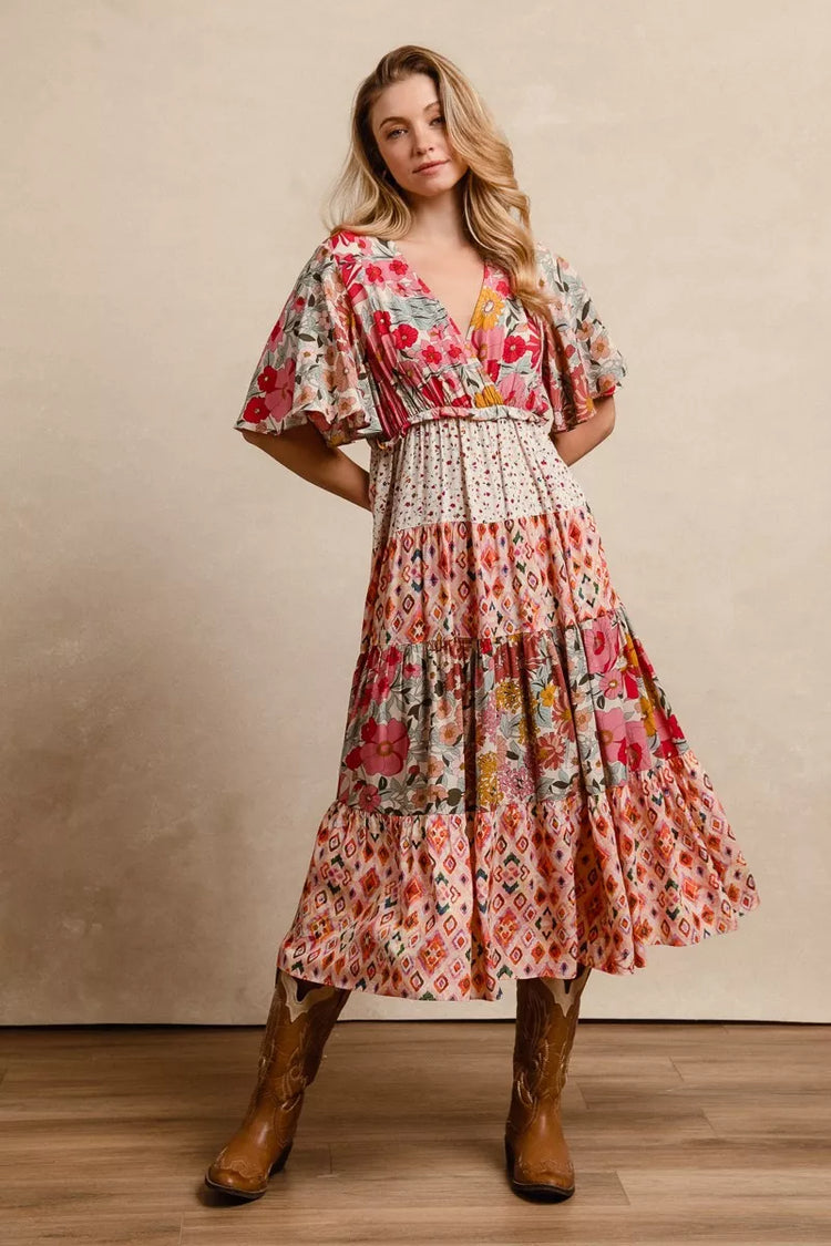 Bibi Floral Print Mix and Match Midi Dress ROSE MIX (dress) - bibi floral dress are you am i, bibi deni - shop at us.meeeshop