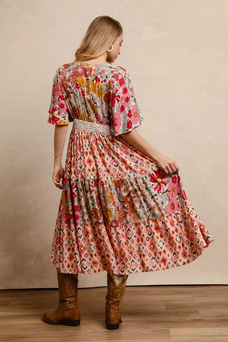 Bibi Floral Print Mix and Match Midi Dress ROSE MIX view 2 (dress) - bibi floral dress are you am i, bi - shop at us.meeeshop