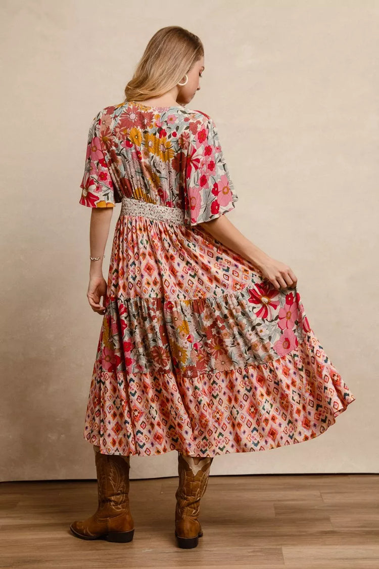Bibi Floral Print Mix and Match Midi Dress ROSE MIX view 2 (dress) - bibi floral dress are you am i, bi - shop at us.meeeshop