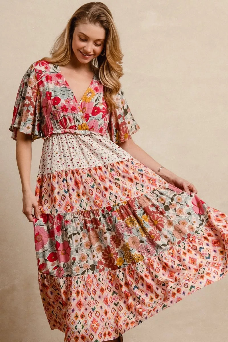 Bibi Floral Print Mix and Match Midi Dress ROSE MIX view 3 (dress) - bibi floral dress are you am i, bi - shop at us.meeeshop