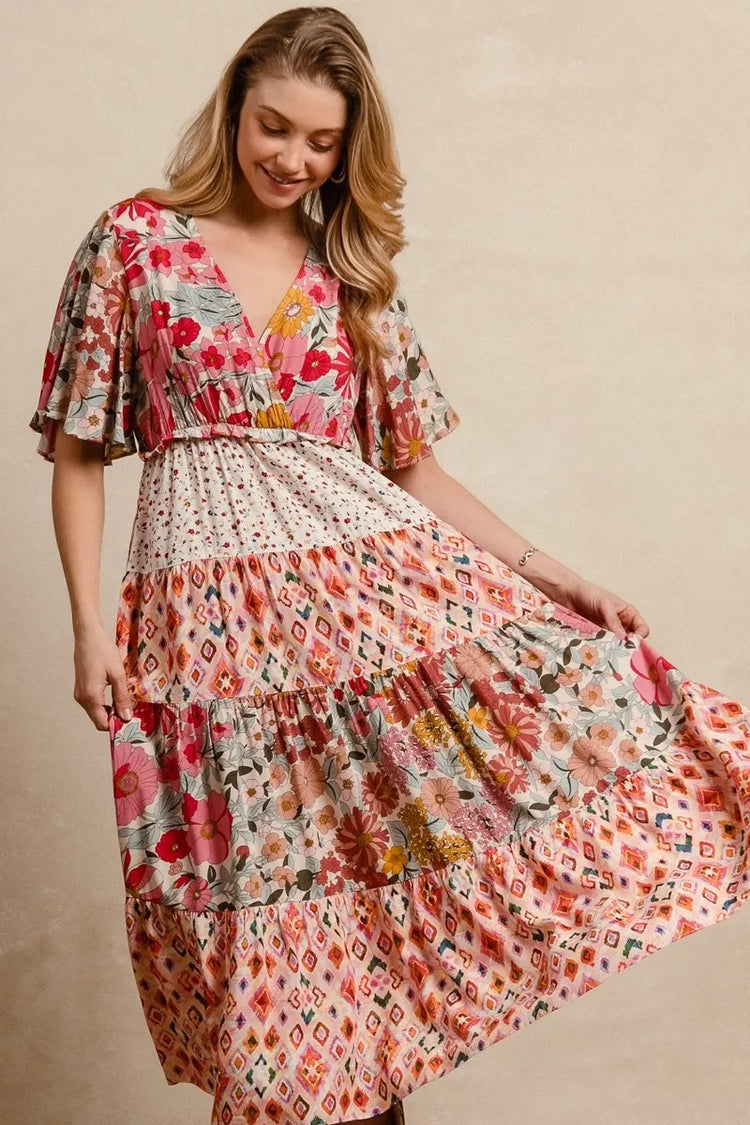 Bibi Floral Print Mix and Match Midi Dress ROSE MIX view 3 (dress) - bibi floral dress are you am i, bi - shop at us.meeeshop
