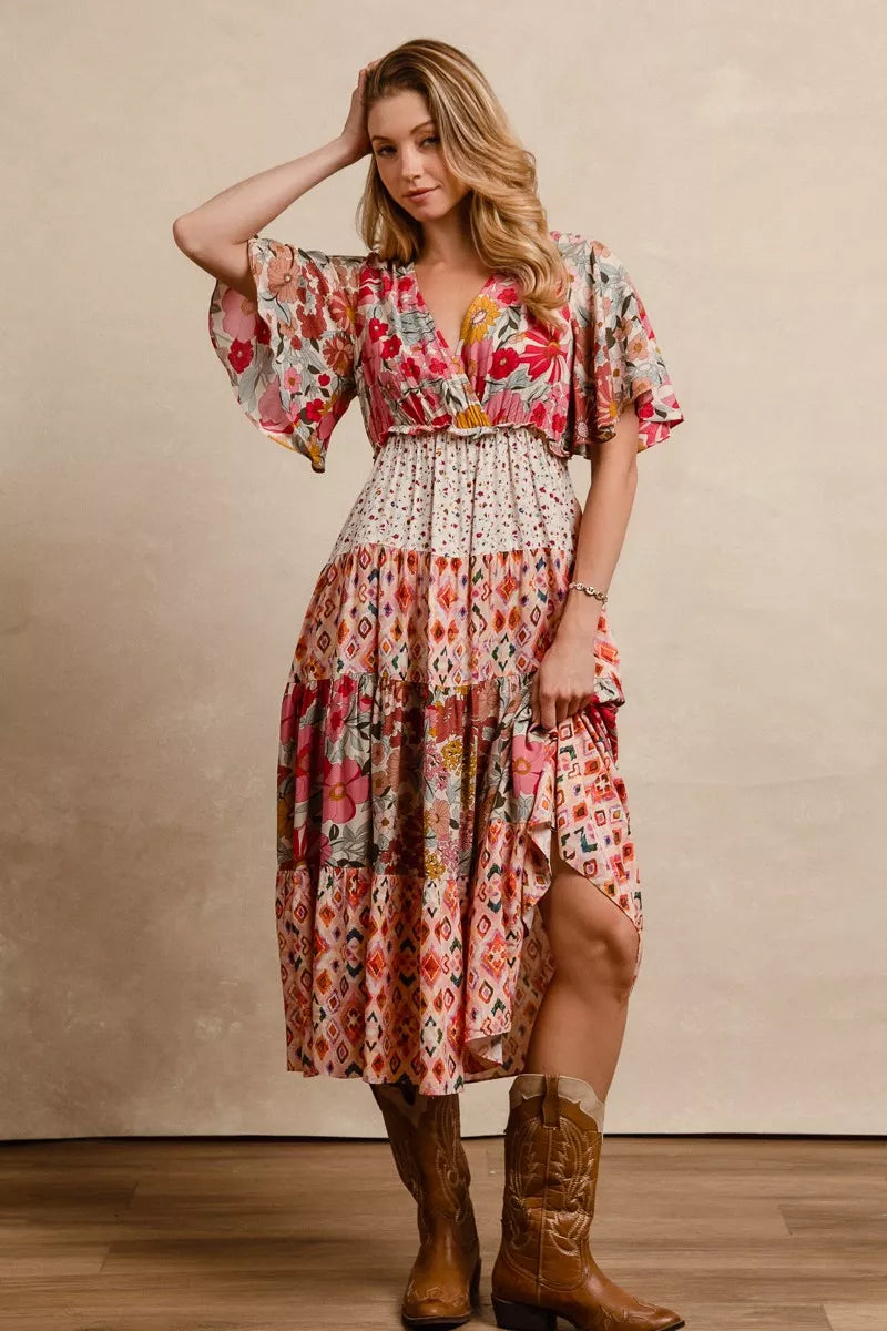 Bibi Floral Print Mix and Match Midi Dress ROSE MIX view 4 (dress) - bibi floral dress are you am i, bi - shop at us.meeeshop