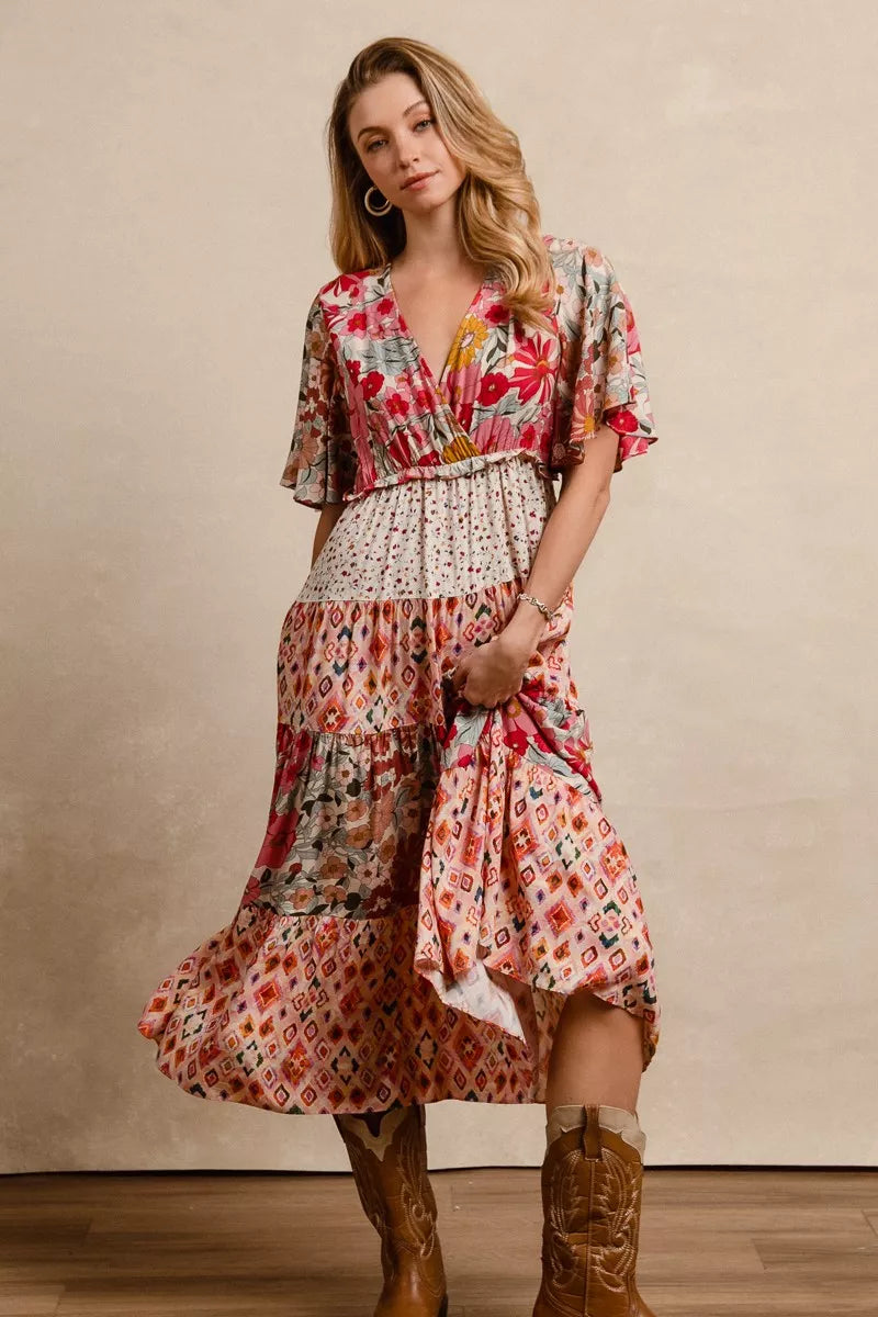 Bibi Floral Print Mix and Match Midi Dress view 5 (dress) - bibi floral dress are you am i, bibi denim  - shop at us.meeeshop