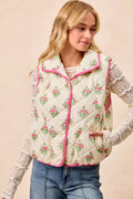 Bibi Floral Print Piping Detail Quilted Vest CREAM/PINK (piece) - quilted vest, detail quilted vest - shop at us.meeeshop