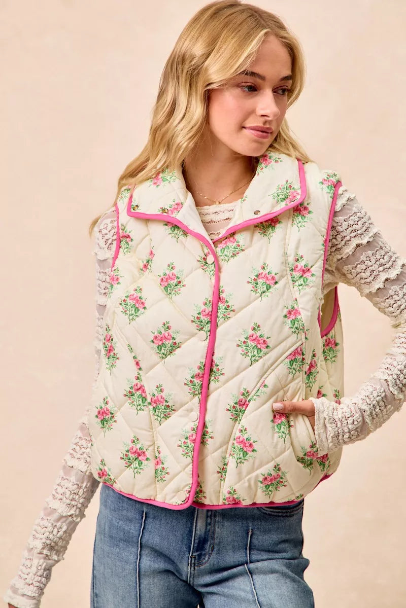 Bibi Floral Print Piping Detail Quilted Vest CREAM/PINK (piece) - quilted vest, detail quilted vest - shop at us.meeeshop