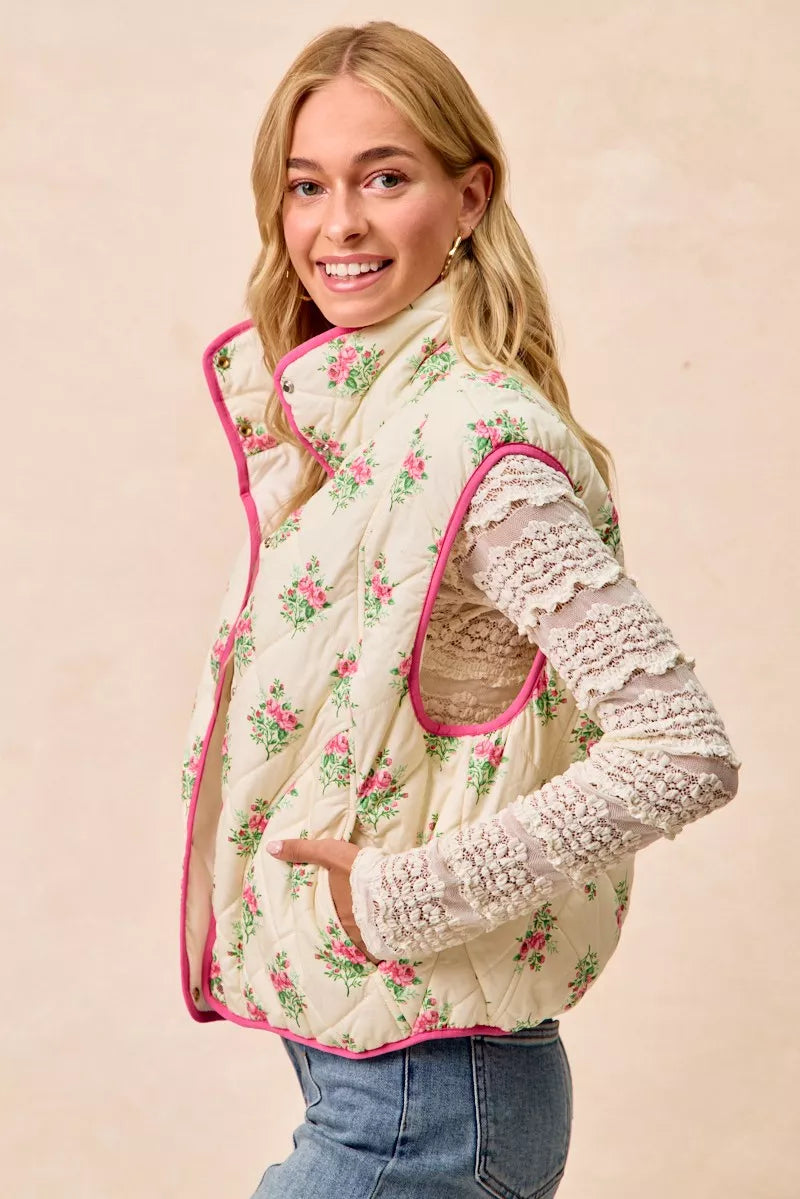 Bibi Floral Print Piping Detail Quilted Vest CREAM/PINK view 2 (piece) - quilted vest, detail quilted v - shop at us.meeeshop