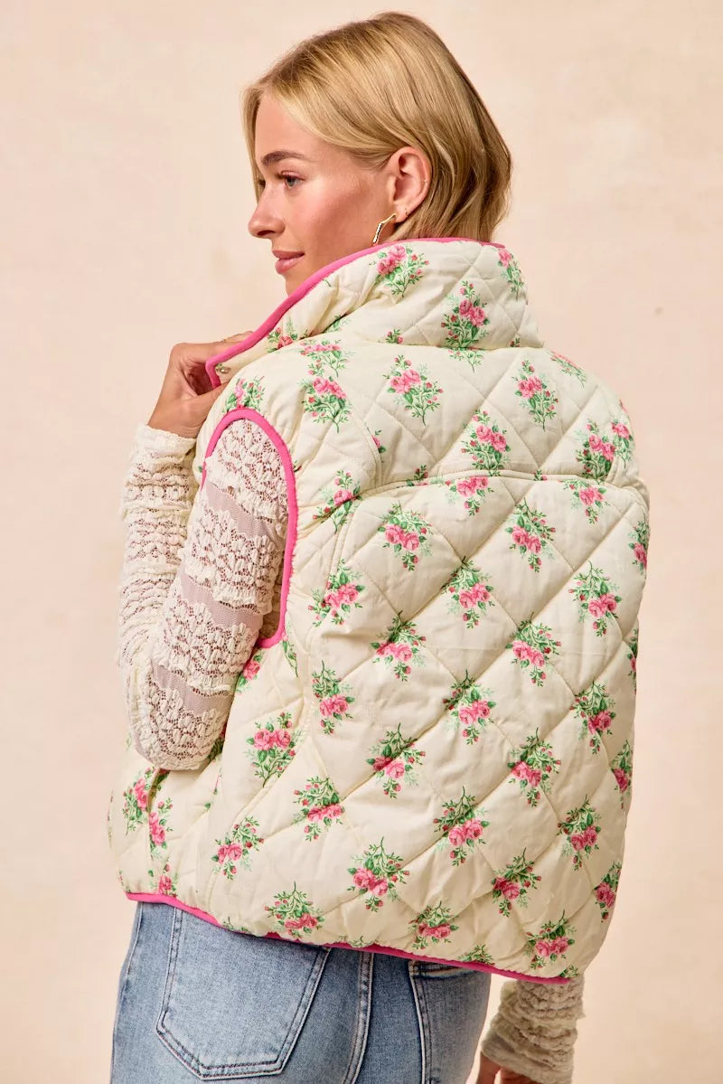 Bibi Floral Print Piping Detail Quilted Vest CREAM/PINK view 3 (piece) - quilted vest, detail quilted v - shop at us.meeeshop