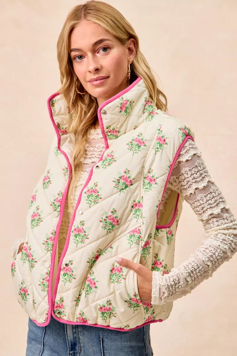 Bibi Floral Print Piping Detail Quilted Vest CREAM/PINK view 4 (piece) - quilted vest, detail quilted v - shop at us.meeeshop