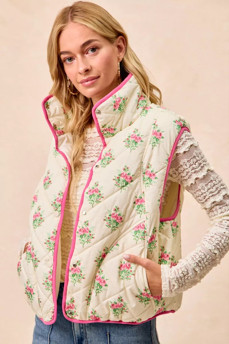 Bibi Floral Print Piping Detail Quilted Vest view 10 (piece) - quilted vest, detail quilted vest - shop at us.meeeshop