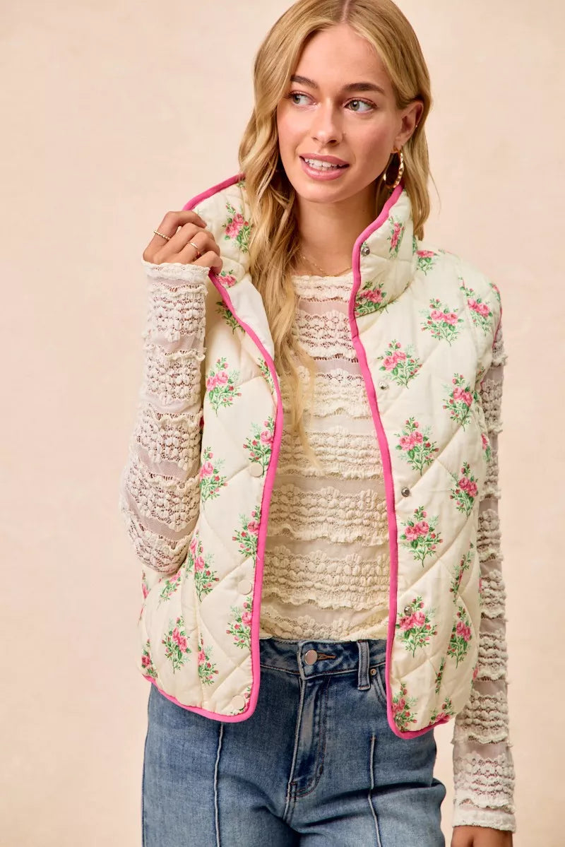 Bibi Floral Print Piping Detail Quilted Vest view 11 (piece) - quilted vest, detail quilted vest - shop at us.meeeshop