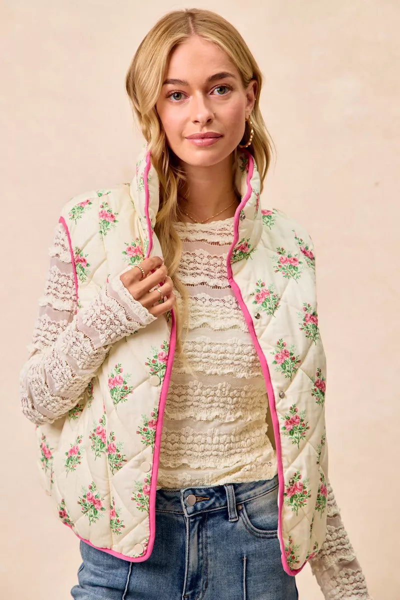 Bibi Floral Print Piping Detail Quilted Vest view 12 (piece) - quilted vest, detail quilted vest - shop at us.meeeshop
