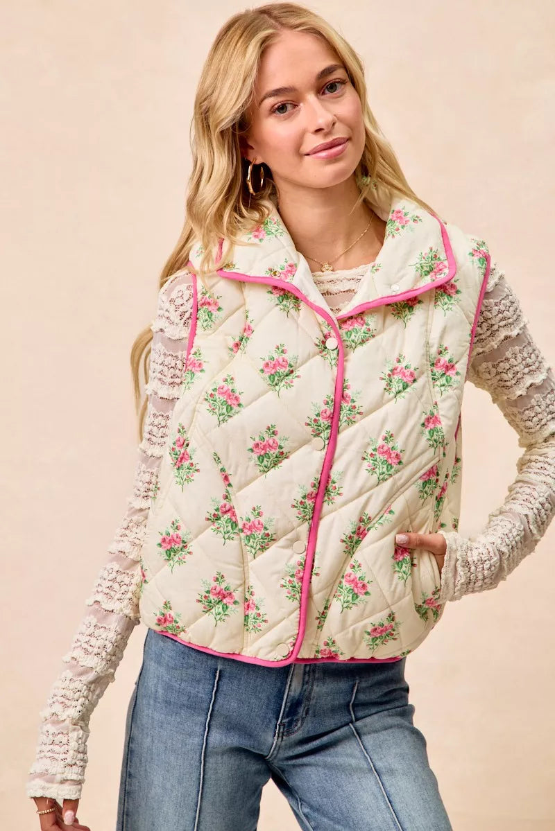 Bibi Floral Print Piping Detail Quilted Vest view 5 (piece) - quilted vest, detail quilted vest - shop at us.meeeshop