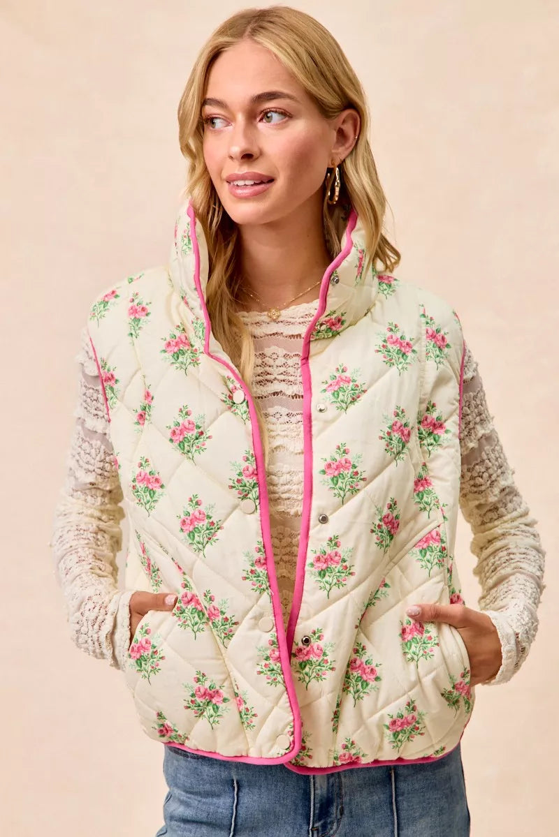 Bibi Floral Print Piping Detail Quilted Vest view 6 (piece) - quilted vest, detail quilted vest - shop at us.meeeshop