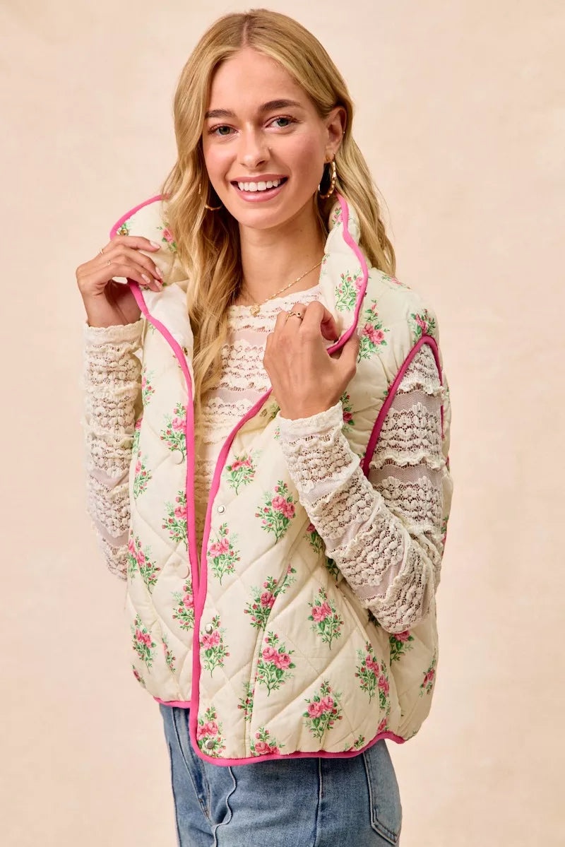 Bibi Floral Print Piping Detail Quilted Vest view 7 (piece) - quilted vest, detail quilted vest - shop at us.meeeshop