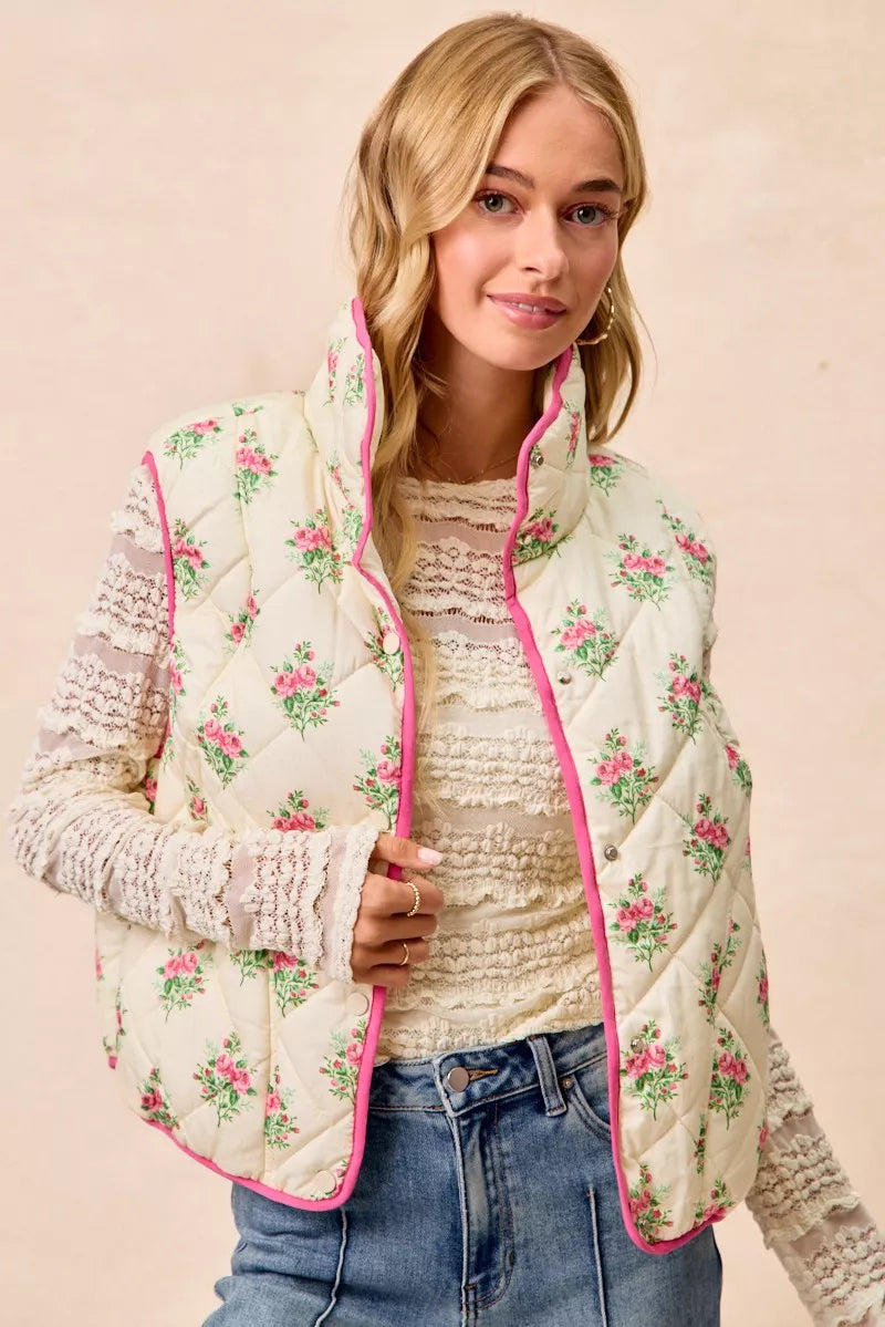 Bibi Floral Print Piping Detail Quilted Vest view 8 (piece) - quilted vest, detail quilted vest - shop at us.meeeshop