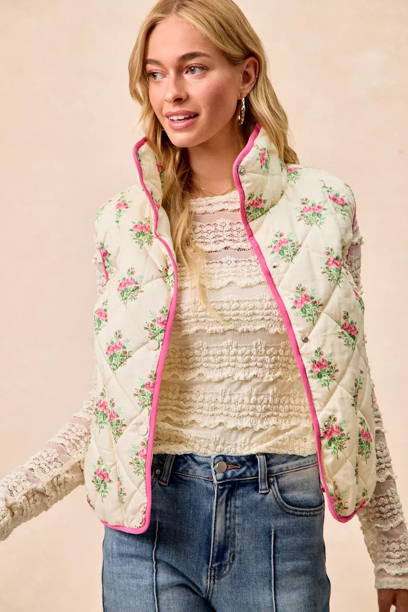 Bibi Floral Print Piping Detail Quilted Vest view 9 (piece) - quilted vest, detail quilted vest - shop at us.meeeshop