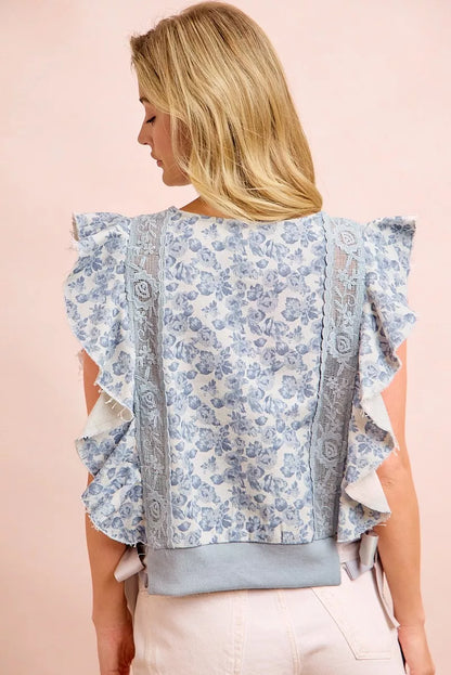 bibi floral printed Bibi Floral Printed Twill Lace Trim Detail Side Bow Tied Top view 5 (top) - shop at us.meeeshop