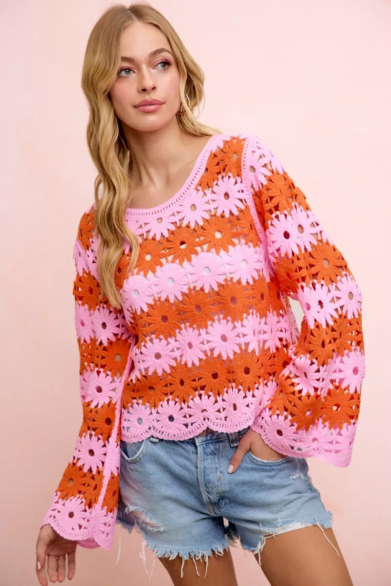 bibi flower crochet Bibi Flower Crochet Knit Top PINK/RED (top) - shop at us.meeeshop